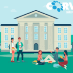 Illustrated image of college students on a lawn in front of a college or university building with a Corvus Janitorial Systems logo