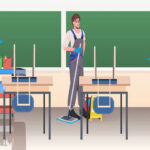Illistration of three janitors cleaning a school