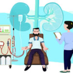 Cartoon sketch of man using dialysis machine with female doctors supervising