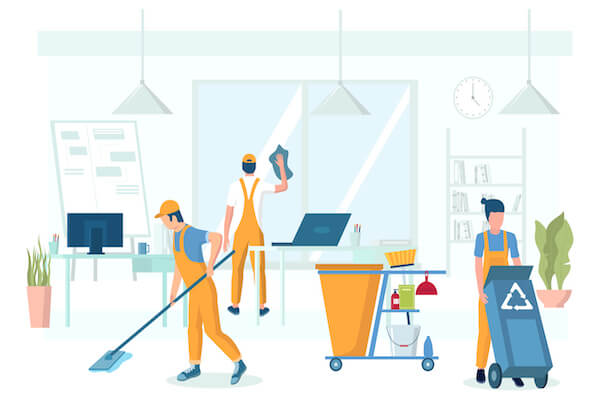 Illustration of cleaning professionals practicing safety