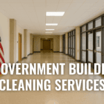 Government Building Cleaning Services text in hallway with American flag