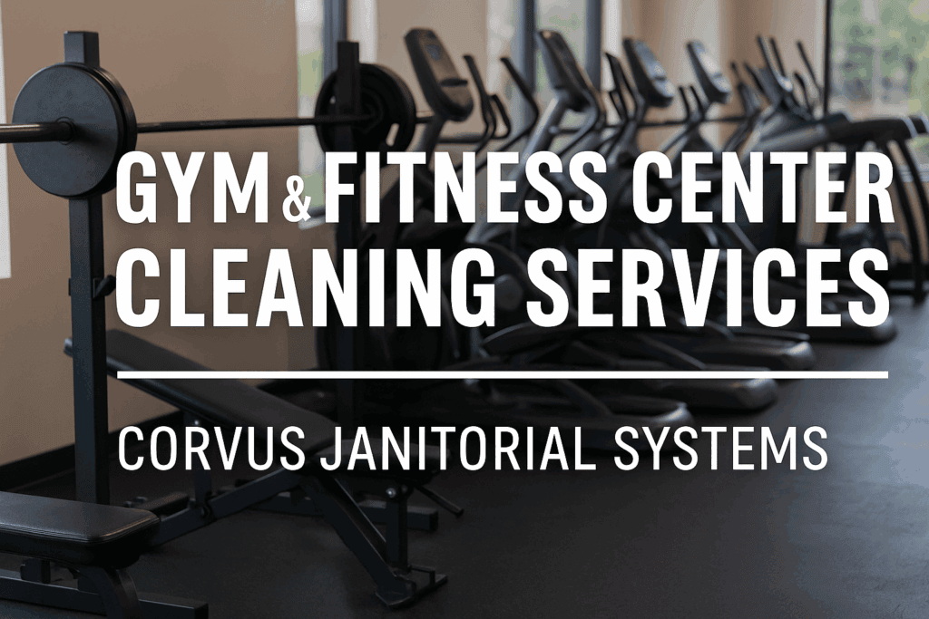 "Gym & Fitness Center Cleaning Services" text over image of gym