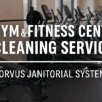 "Gym & Fitness Center Cleaning Services" text over image of gym