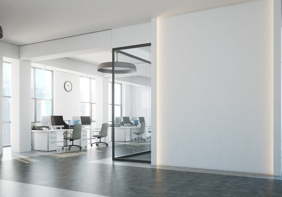 White,Brick,Open,Space,Office,Interior,With,A,Concrete,Floor,