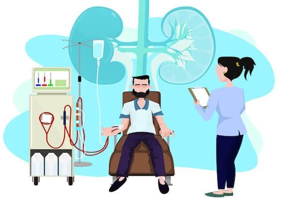Cartoon sketch of man using dialysis machine with female doctors supervising